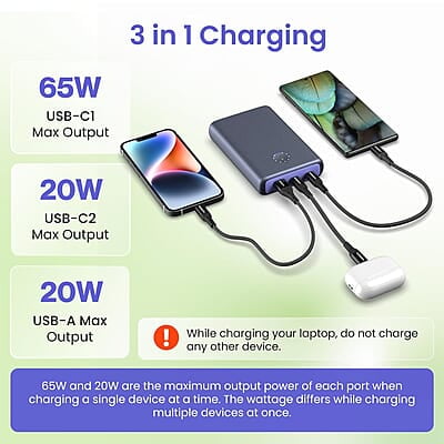 Ambrane 85W Fast Charging Powerbank for MacBook, Type C Laptop & Mobile Charging, 20,000mAh Battery, Triple Output Ambrane 85W Fast Charging Powerbank for MacBook, Type C Laptop & Mobile Charging, 20,000mAh Battery, Triple Output