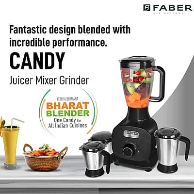 Faber Candy 1000W 8-in-1 Mixer Grinder,3 SS+1 PC jar,lockable lids dual fan technology,upto 23000 rpm Faber Candy 1000W 8-in-1 Mixer Grinder,3 SS+1 PC jar,lockable lids dual fan technology,upto 23000 rpm