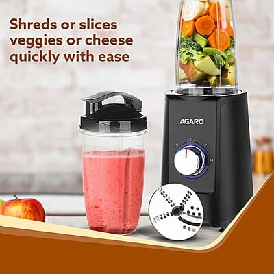 AGARO Regency Multifunctional Blender with Slicer, 250W, 100% Copper Motor, 2 Variable Speed Modes & Pulse Mode, Stainless Steel Blades, Chopper, Multipurpose Jar, slicer, Black AGARO Regency Multifunctional Blender with Slicer, 250W, 100% Copper Motor, 2 Variable Speed Modes & Pulse Mode, Stainless Steel Blades, Chopper, Multipurpose Jar, slicer, Black