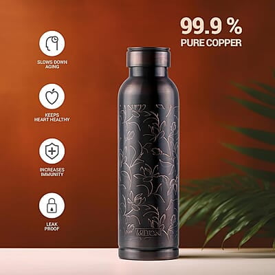 MILTON Copper Swasth Water Bottle, 940 ml, Black Lotus Lacquer Coating, Curved bottle MILTON Copper Swasth Water Bottle, 940 ml, Black Lotus Lacquer Coating, Curved bottle