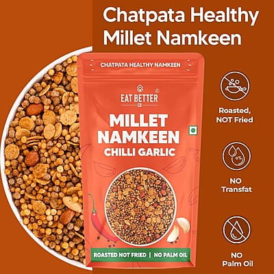 Eat Better Co - Millet Namkeen Combo - Chilli Garlic & Desi Masala - Healthy Snacks - Roasted, Not Fried | No Palm Oil | Healthy Replacement of Chips & Bhujia - Pack of Two - 200 grams Eat Better Co - Millet Namkeen Combo - Chilli Garlic & Desi Masala - Healthy Snacks - Roasted, Not Fried | No Palm Oil | Healthy Replacement of Chips & Bhujia - Pack of Two - 200 grams