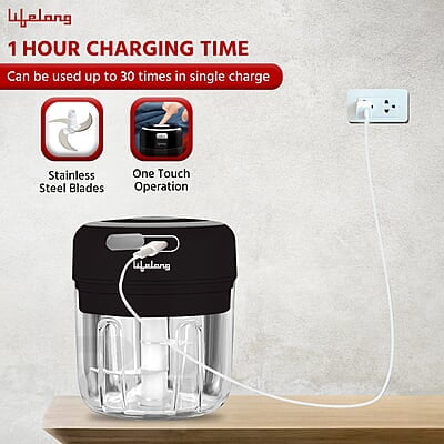 Lifelong USB Rechargeable Wireless Electric Chopper with Stainless Steel Blades 250 ML (Black) 30 Watts Lifelong USB Rechargeable Wireless Electric Chopper with Stainless Steel Blades 250 ML (Black) 30 Watts