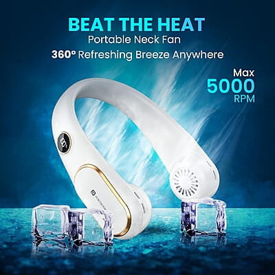 Portronics Gobreeze Portable Rechargeable Neck Fan, Upto 6 Hours Playtime, LED Display, Bladeless Fan, 4 Speed Mode, Adjustable Size, 360° Cooling Neck Fan, Noiseless Fan, Type C Fast Charging