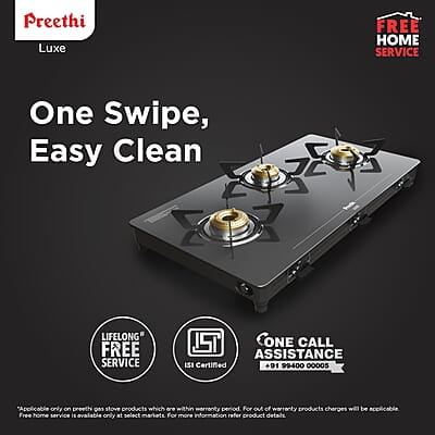 Preethi Luxe 3 Burner Glass Top Gas Stove With Driptray Less Infinity Design Preethi Luxe 3 Burner Glass Top Gas Stove With Driptray Less Infinity Design