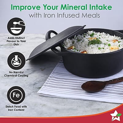 Wonderchef Forza 25 cm Cast-Iron Casserole with Lid Pre-Seasoned Cookware 4.7 L