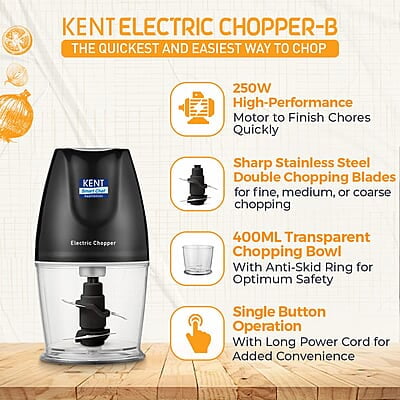 KENT Electric Chopper-B for Kitchen 250 Watt | Chop, Mince, Puree, Whisk, 400 ml Capacity | Stainless Steel Double Chopping Blades | Transparent Chopping Bowl | Anti-Skid | One Touch Operation | Black KENT Electric Chopper-B for Kitchen 250 Watt | Chop, Mince, Puree, Whisk, 400 ml Capacity | Stainless Steel Double Chopping Blades | Transparent Chopping Bowl | Anti-Skid | One Touch Operation | Black