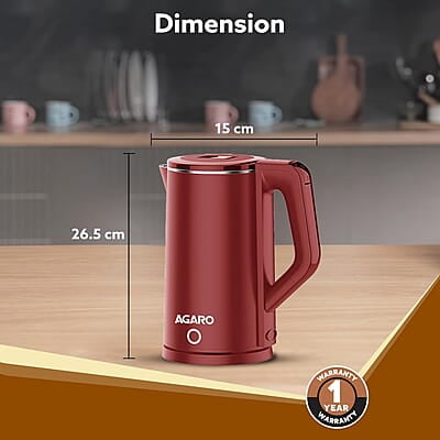 AGARO Elegant Electric Kettle, 1.8L, Double Layered Kettle, Stainless Steel Inner Body Red