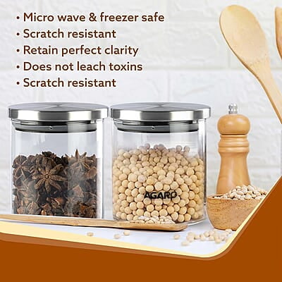 AGARO Elite Borosilicate Glass Jar 600 ml, Round Shaped, Steel Lid Pack of 2 AGARO Elite Borosilicate Glass Jar 600 ml, Round Shaped, Steel Lid Pack of 2