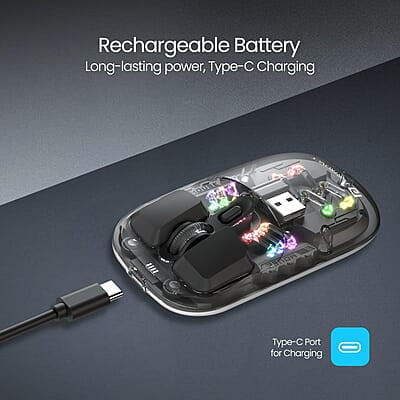 Portronics Toad 5 Transparent Bluetooth Mouse with 2.4 GHz & BT 5.3 Dual Wireless, Rechargeable, RGB Lights, Connect 3 Devices, Sleek Design for Laptop, Smartphone, Tablet Portronics Toad 5 Transparent Bluetooth Mouse with 2.4 GHz & BT 5.3 Dual Wireless, Rechargeable, RGB Lights, Connect 3 Devices, Sleek Design for Laptop, Smartphone, Tablet