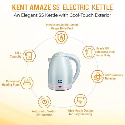 KENT Amaze Cool Touch Electric Kettle 1.8 L 1500 W - Plastic Outer & Stainless Steel body Inside | Auto shut off Over heating protection | 360 Degree Cordless Rotation | LED Indicator | Blue KENT Amaze Cool Touch Electric Kettle 1.8 L 1500 W - Plastic Outer & Stainless Steel body Inside | Auto shut off Over heating protection | 360 Degree Cordless Rotation | LED Indicator | Blue