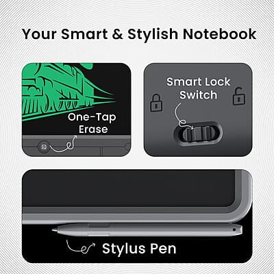 Portronics Ruffpad 21 LCD Writing Pad with 21 Inches Large Screen, Stylus Pen, Erase Button, Smart Lock Portronics Ruffpad 21 LCD Writing Pad with 21 Inches Large Screen, Stylus Pen, Erase Button, Smart Lock