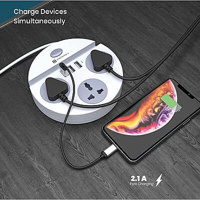 Portronics Power Plate 5 1500W Power Converter with USB Charger & Mobile Holder 3AC Socket + 3USB Ports, 1.5 m Cord Length Portronics Power Plate 5 1500W Power Converter with USB Charger & Mobile Holder 3AC Socket + 3USB Ports, 1.5 m Cord Length