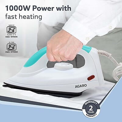 AGARO Grand Electric Dry Iron, 1000W, Non- Stick Coated Sole Plate