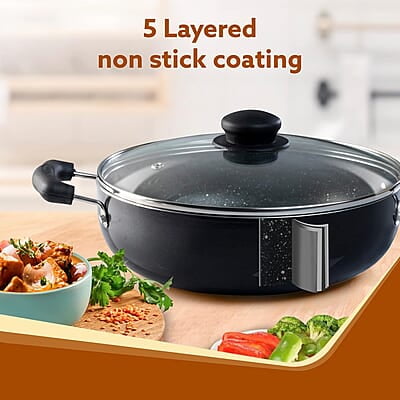 AGARO Elegant Non Stick Kadai with Glass Lid, 3.5L Capacity, 26 cm Diameter, Induction & Gas Oven AGARO Elegant Non Stick Kadai with Glass Lid, 3.5L Capacity, 26 cm Diameter, Induction & Gas Oven
