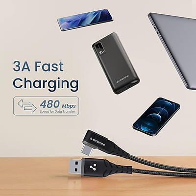 Ambrane Type C Mobile Charging Cable 3A Fast Charging, 1 Meter, L Shaped Braided Cable, 480Mbps Ambrane Type C Mobile Charging Cable 3A Fast Charging, 1 Meter, L Shaped Braided Cable, 480Mbps