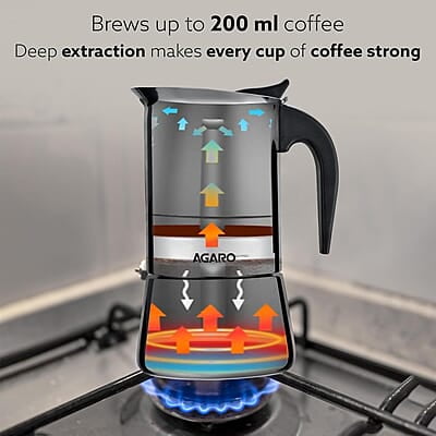 AGARO Royal Moka Pot, Stovetop & Induction Cooktop Classic Espresso & Coffee Maker, 200 Ml AGARO Royal Moka Pot, Stovetop & Induction Cooktop Classic Espresso & Coffee Maker, 200 Ml