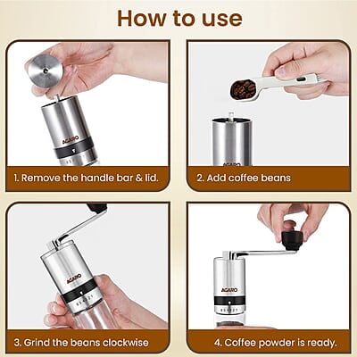 AGARO Elite Manual Coffee Grinder, Ceramic Grinder with Glass jar, 6 Adjustable Settings, Stainless Steel Body AGARO Elite Manual Coffee Grinder, Ceramic Grinder with Glass jar, 6 Adjustable Settings, Stainless Steel Body