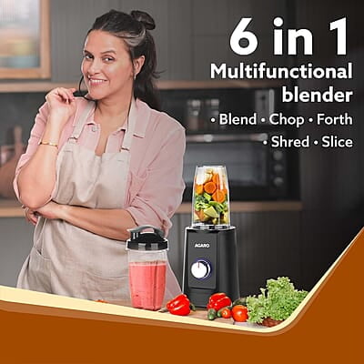 AGARO Regency Multifunctional Blender with Slicer, 250W, 100% Copper Motor, 2 Variable Speed Modes & Pulse Mode, Stainless Steel Blades, Chopper, Multipurpose Jar, slicer, Black AGARO Regency Multifunctional Blender with Slicer, 250W, 100% Copper Motor, 2 Variable Speed Modes & Pulse Mode, Stainless Steel Blades, Chopper, Multipurpose Jar, slicer, Black