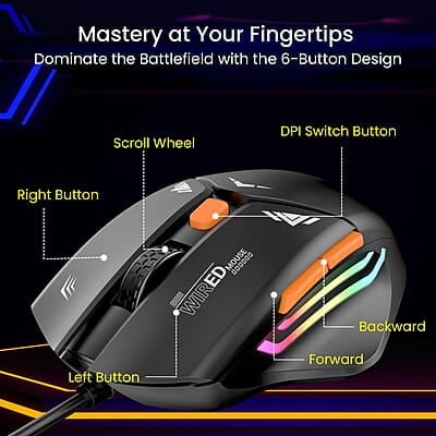 Portronics Vader Wired Gaming Mouse with 6 Buttons, Thumb Support, Adjustable DPI (6400 Max), RGB Light Effects, Ergonomic Design, 1.5 m Long USB Cable for Laptop & PC Portronics Vader Wired Gaming Mouse with 6 Buttons, Thumb Support, Adjustable DPI (6400 Max), RGB Light Effects, Ergonomic Design, 1.5 m Long USB Cable for Laptop & PC
