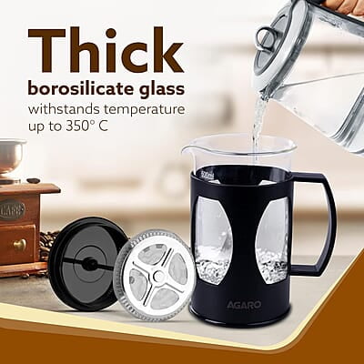 AGARO Elite French Press Coffee And Tea Maker, Borosilicate Glass Body With Sleeves, Glass Carafe, BPA Free Plastic Lid Strainer, 600Ml AGARO Elite French Press Coffee And Tea Maker, Borosilicate Glass Body With Sleeves, Glass Carafe, BPA Free Plastic Lid Strainer, 600Ml
