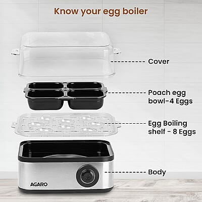 AGARO Grand Egg Boiler and Poacher,2-in1 Boils 8 Eggs, Poach 4 Eggs, Steamed Vegetables, 3 Boiling Modes, Stainless Steel Body, Transparent Lid, 500 Watts, Silver 14 ounces AGARO Grand Egg Boiler and Poacher,2-in1 Boils 8 Eggs, Poach 4 Eggs, Steamed Vegetables, 3 Boiling Modes, Stainless Steel Body, Transparent Lid, 500 Watts, Silver 14 ounces