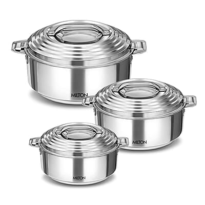 MILTON Galaxia Double Walled Stainless Steel Casserole, Set of 3, (1.2 Litre, 2.09 Litre, 2.45 Litre), Silver MILTON Galaxia Double Walled Stainless Steel Casserole, Set of 3, (1.2 Litre, 2.09 Litre, 2.45 Litre), Silver