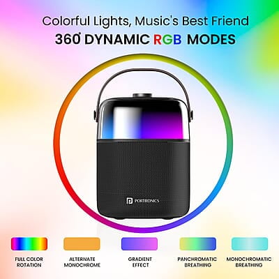 Portronics Dash 4 50W Wireless Bluetooth Party Speaker with Karaoke Mic, Upto 6 Hours Playtime, HD Sound, Bass Boost Technology, EQ Modes, 360° RGB Lights, BT 5.3v, AUX in Portronics Dash 4 50W Wireless Bluetooth Party Speaker with Karaoke Mic, Upto 6 Hours Playtime, HD Sound, Bass Boost Technology, EQ Modes, 360° RGB Lights, BT 5.3v, AUX in