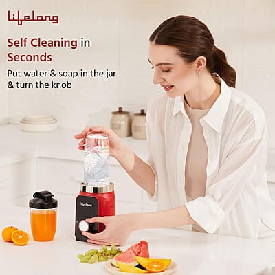 Lifelong Nutri Blender for Smoothies and Juices 500 Watts with 2 Jars - 100% Copper Motor Mixer Grinder Red