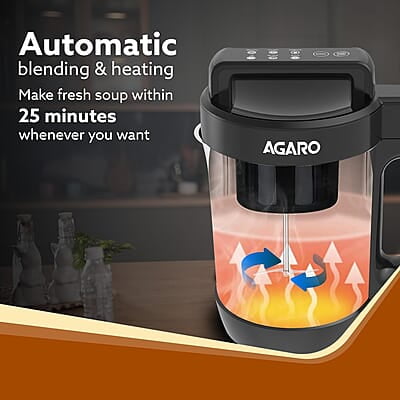 AGARO Elite Soup Maker, 1 Litre, Automatic Blending & Heating,6 Preset Cooking Functions, Copper Motor, Stainless Steel Blades, Grey AGARO Elite Soup Maker, 1 Litre, Automatic Blending & Heating,6 Preset Cooking Functions, Copper Motor, Stainless Steel Blades, Grey