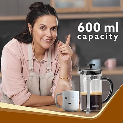 AGARO Classic French Press Coffee And Tea Maker, Borosilicate Glass Body With Sleeves, Glass Carafe, BPA Free Plastic Lid Strainer, 600Ml AGARO Classic French Press Coffee And Tea Maker, Borosilicate Glass Body With Sleeves, Glass Carafe, BPA Free Plastic Lid Strainer, 600Ml