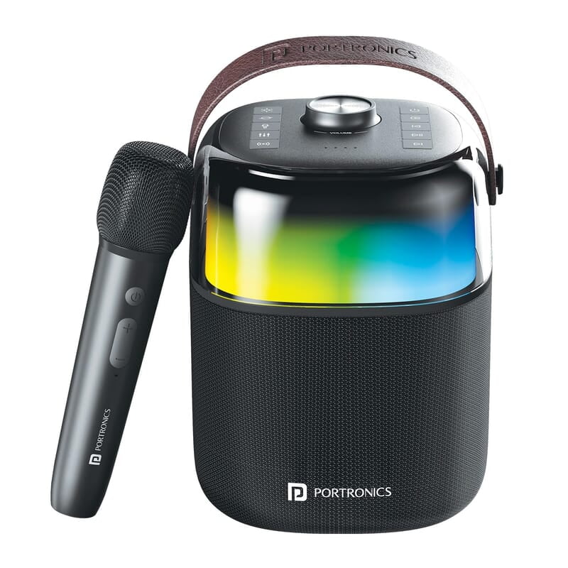 Portronics Dash 4 50W Wireless Bluetooth Party Speaker with Karaoke Mic, Upto 6 Hours Playtime, HD Sound, Bass Boost Technology, EQ Modes, 360° RGB Lights, BT 5.3v, AUX in Portronics Dash 4 50W Wireless Bluetooth Party Speaker with Karaoke Mic, Upto 6 Hours Playtime, HD Sound, Bass Boost Technology, EQ Modes, 360° RGB Lights, BT 5.3v, AUX in