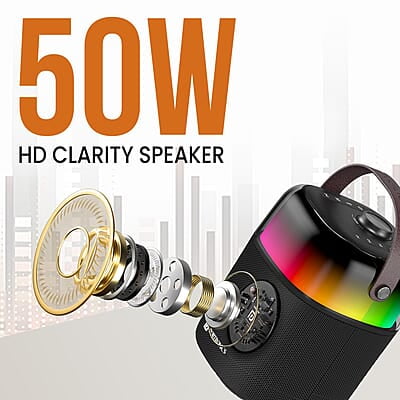 Portronics Dash 4 50W Wireless Bluetooth Party Speaker with Karaoke Mic, Upto 6 Hours Playtime, HD Sound, Bass Boost Technology, EQ Modes, 360° RGB Lights, BT 5.3v, AUX in Portronics Dash 4 50W Wireless Bluetooth Party Speaker with Karaoke Mic, Upto 6 Hours Playtime, HD Sound, Bass Boost Technology, EQ Modes, 360° RGB Lights, BT 5.3v, AUX in