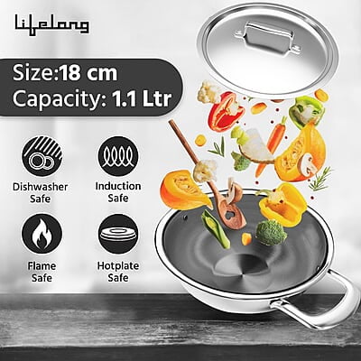 Lifelong LLTPDK004 Triply Deep Kadai with Riveted Handles with Stainless Steel Lid 2.1 litres Capacity 22 cm Lifelong LLTPDK004 Triply Deep Kadai with Riveted Handles with Stainless Steel Lid 2.1 litres Capacity 22 cm