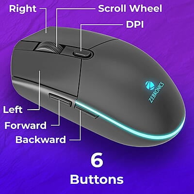 ZEBRONICS WAR M Wired Gaming Mouse with 6 Buttons, High Precision, up to 3200 DPI, USB Interface, Breathing LED, Braided Cable