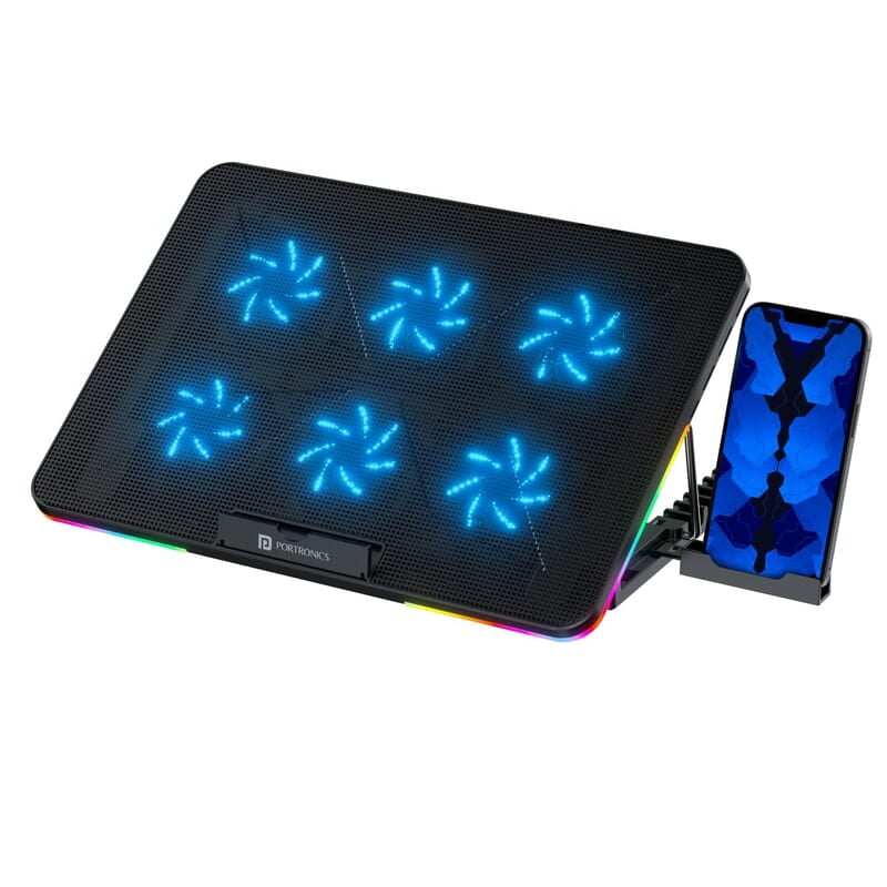 Portronics My Buddy Air Cooling Pad Laptop Stand with 6 Cooling Fans, RGB Lights, 7 Adjustable Heights, Mobile Stand