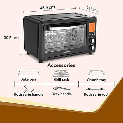 Agaro Imperial Digital Oven Toaster Griller, 28 Litres, 10 Preset Cooking Function, Convection Function, Motorized Rotisserie, Backlit Lcd Display, Black - 1500 Watts Agaro Imperial Digital Oven Toaster Griller, 28 Litres, 10 Preset Cooking Function, Convection Function, Motorized Rotisserie, Backlit Lcd Display, Black - 1500 Watts