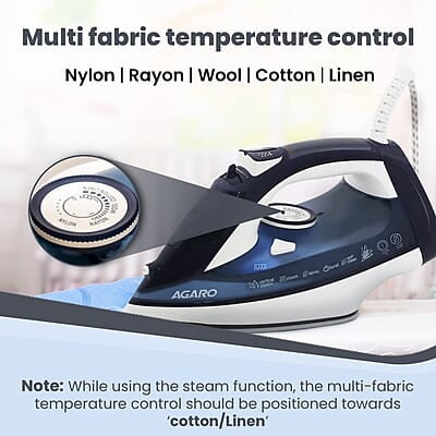 AGARO Royal Steam Iron, 2000W, Ceramic Coated Sole Plate, Fast Heating, 360 degree 320 Ml Water Tank AGARO Royal Steam Iron, 2000W, Ceramic Coated Sole Plate, Fast Heating, 360 degree 320 Ml Water Tank