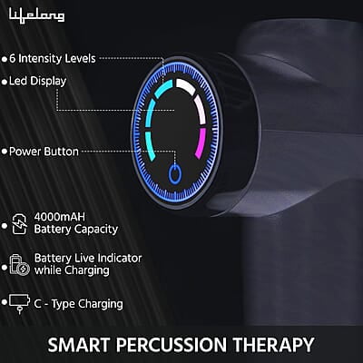 Lifelong Gun Massager for Pain Relief with 8 Massage Heads & LCD Touch Display - Battery Powered - Deep Tissue Massage with 6 Speed Lifelong Gun Massager for Pain Relief with 8 Massage Heads & LCD Touch Display - Battery Powered - Deep Tissue Massage with 6 Speed