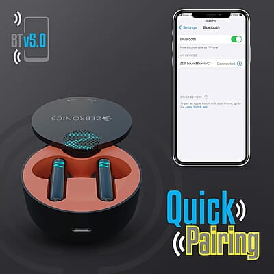 Zebronics Sound Bomb G1 Gaming Bluetooth True Wireless Stereo in Ear Earbuds, 50Ms Low Latency, AAC Support, Flash Connect, Deep Bass, Splash Proof, Voice Assistant, Bt V5.0 with Mic Zebronics Sound Bomb G1 Gaming Bluetooth True Wireless Stereo in Ear Earbuds, 50Ms Low Latency, AAC Support, Flash Connect, Deep Bass, Splash Proof, Voice Assistant, Bt V5.0 with Mic