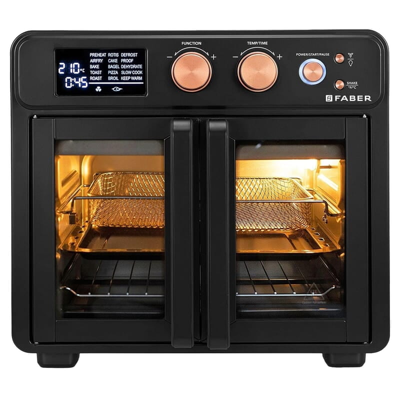 Faber Air Fryer Oven 25L, Digital Control, Bake Tray, SS Wire Tray & Basket, Crumb Tray, Rotisserie Kit Faber Air Fryer Oven 25L, Digital Control, Bake Tray, SS Wire Tray & Basket, Crumb Tray, Rotisserie Kit