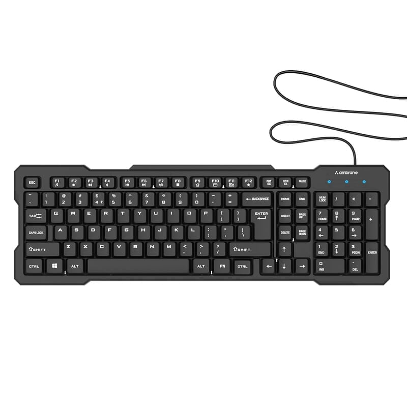 Ambrane Wired Keyboard, 104 Key with Membrane Switch Quick, 12Fn Shortcut Keys, Plug and Play USB Connection Compatible with PC, Mac, Laptop, Comfy and Ergonomically Design Ambrane Wired Keyboard, 104 Key with Membrane Switch Quick, 12Fn Shortcut Keys, Plug and Play USB Connection Compatible with PC, Mac, Laptop, Comfy and Ergonomically Design