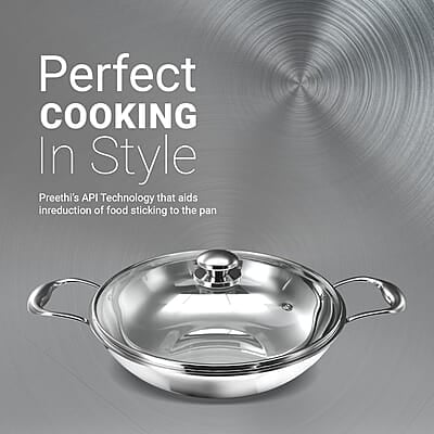 Preethi Metallica Collection Triply Stainless Steel Kadai with Glass Lid, 20 cm, Gas & Induction Compatible Preethi Metallica Collection Triply Stainless Steel Kadai with Glass Lid, 20 cm, Gas & Induction Compatible