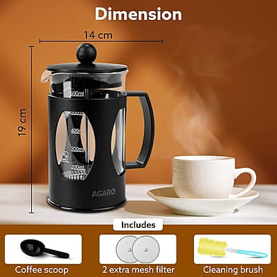 AGARO Elite French Press Coffee And Tea Maker, Borosilicate Glass Body With Sleeves, Glass Carafe, BPA Free Plastic Lid Strainer, 600Ml AGARO Elite French Press Coffee And Tea Maker, Borosilicate Glass Body With Sleeves, Glass Carafe, BPA Free Plastic Lid Strainer, 600Ml
