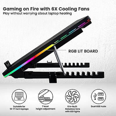 Portronics My Buddy Air Cooling Pad Laptop Stand with 6 Cooling Fans, RGB Lights, 7 Adjustable Heights, Mobile Stand