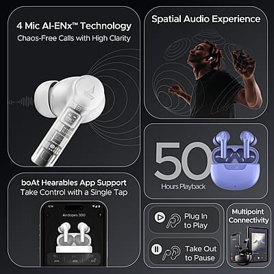 boAt Newly Launched Airdopes 300 Premium Truly Wireless in-Ear Earbuds with 4 Mics AI-ENx Spatial Audio, 50HRS Playtime, Multipoint Connection, ASAP Charge, Hearables App Support boAt Newly Launched Airdopes 300 Premium Truly Wireless in-Ear Earbuds with 4 Mics AI-ENx Spatial Audio, 50HRS Playtime, Multipoint Connection, ASAP Charge, Hearables App Support