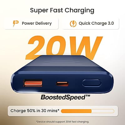 Ambrane 10000mAh Slim Power Bank, 20W Fast Charging, Dual Output, Type C PD (Input & Output), Quick Charge Ambrane 10000mAh Slim Power Bank, 20W Fast Charging, Dual Output, Type C PD (Input & Output), Quick Charge
