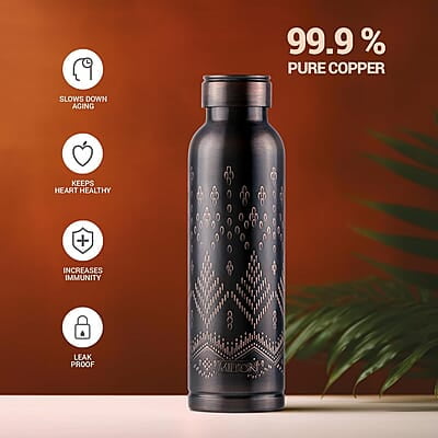MILTON Copper Swasth Water Bottle, 940 ml, Black Ethnic Lacquer Coating, Curved bottle MILTON Copper Swasth Water Bottle, 940 ml, Black Ethnic Lacquer Coating, Curved bottle