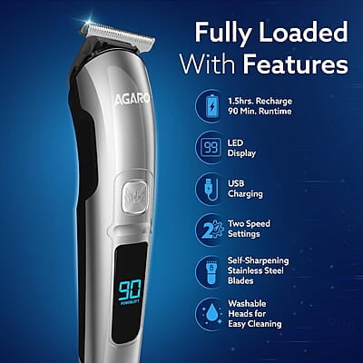AGARO Cosmo Beard Trimmer For Men 4 Length Setting combs 2 Speed, USB Rechargeable, 90 mins Runtime AGARO Cosmo Beard Trimmer For Men 4 Length Setting combs 2 Speed, USB Rechargeable, 90 mins Runtime