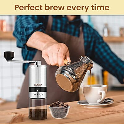 AGARO Elite Manual Coffee Grinder, Ceramic Grinder with Glass jar, 6 Adjustable Settings, Stainless Steel Body AGARO Elite Manual Coffee Grinder, Ceramic Grinder with Glass jar, 6 Adjustable Settings, Stainless Steel Body