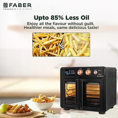 Faber Air Fryer Oven 25L, Digital Control, Bake Tray, SS Wire Tray & Basket, Crumb Tray, Rotisserie Kit Faber Air Fryer Oven 25L, Digital Control, Bake Tray, SS Wire Tray & Basket, Crumb Tray, Rotisserie Kit